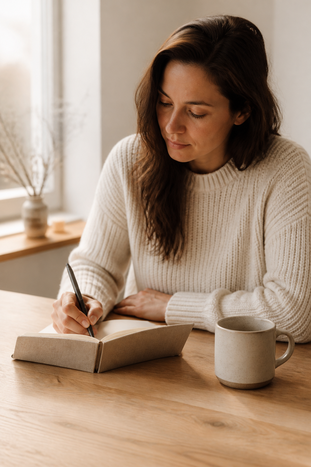 A woman writing thoughtfully in a journal