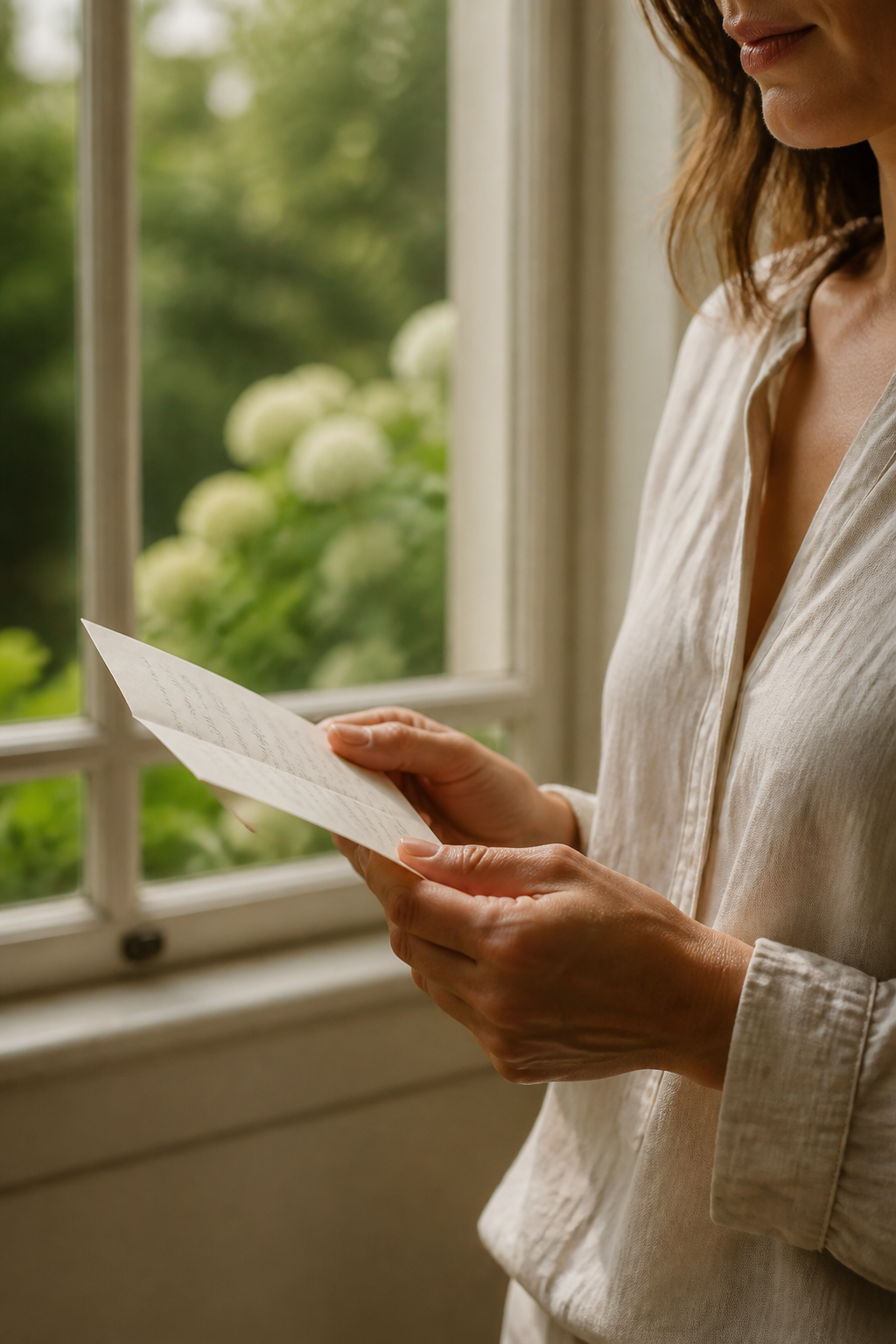 A woman holding a thoughtful note by a garden window
