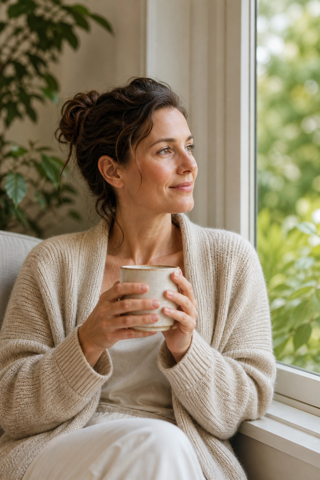 A woman enjoying a quiet cup of coffee by a window